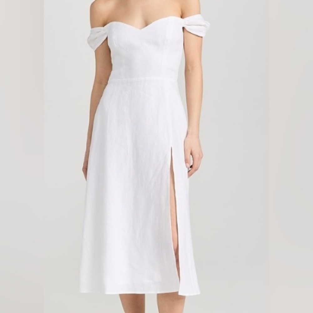Reformation White One Shoulder Puff Sleeve Midi Dress